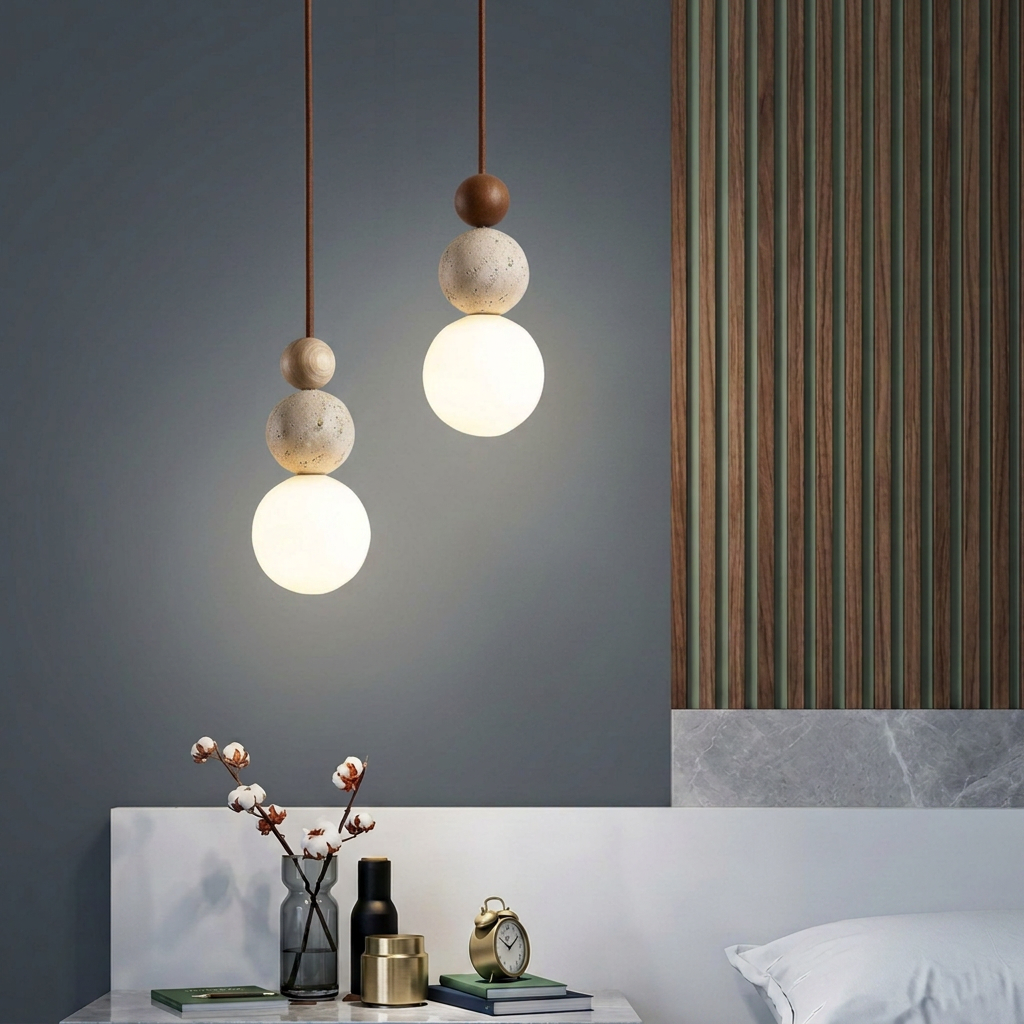 Travertine & Wood LED Pendant Light – Bauhaus Style