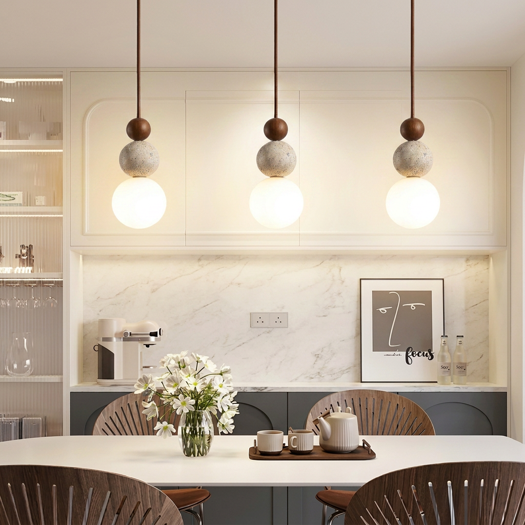 Travertine & Wood LED Pendant Light – Bauhaus Style