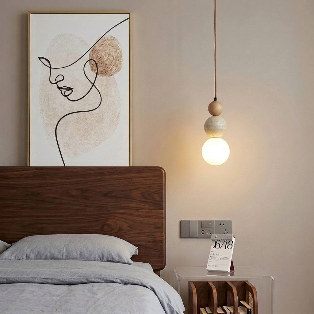Travertine & Wood LED Pendant Light – Bauhaus Style