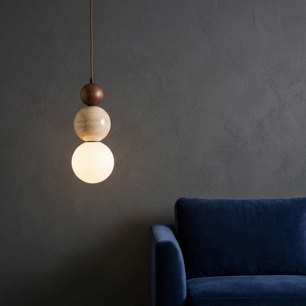 Travertine & Wood LED Pendant Light – Bauhaus Style
