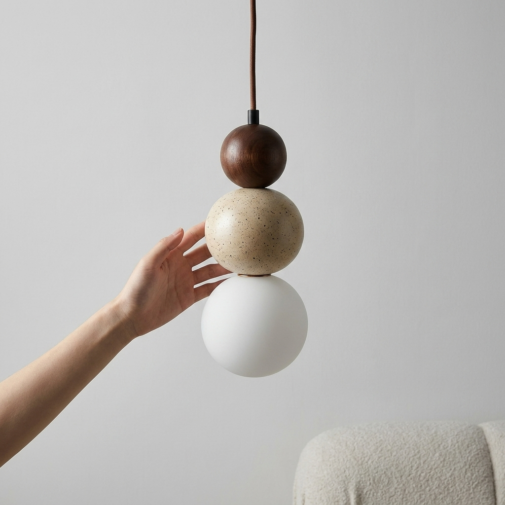 Travertine & Wood LED Pendant Light – Bauhaus Style